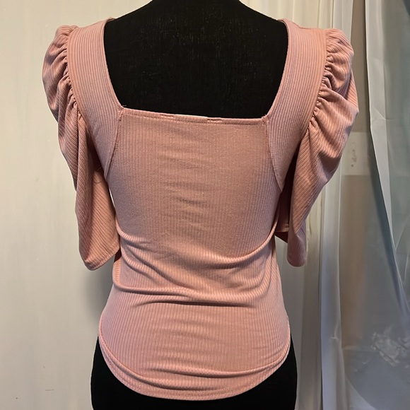 FREE PEOPLE NIGHT LILY TOP OB1434162 PUFF SLEEVE RIBBED PALE MAUVE SIZE S - Picture 4 of 7